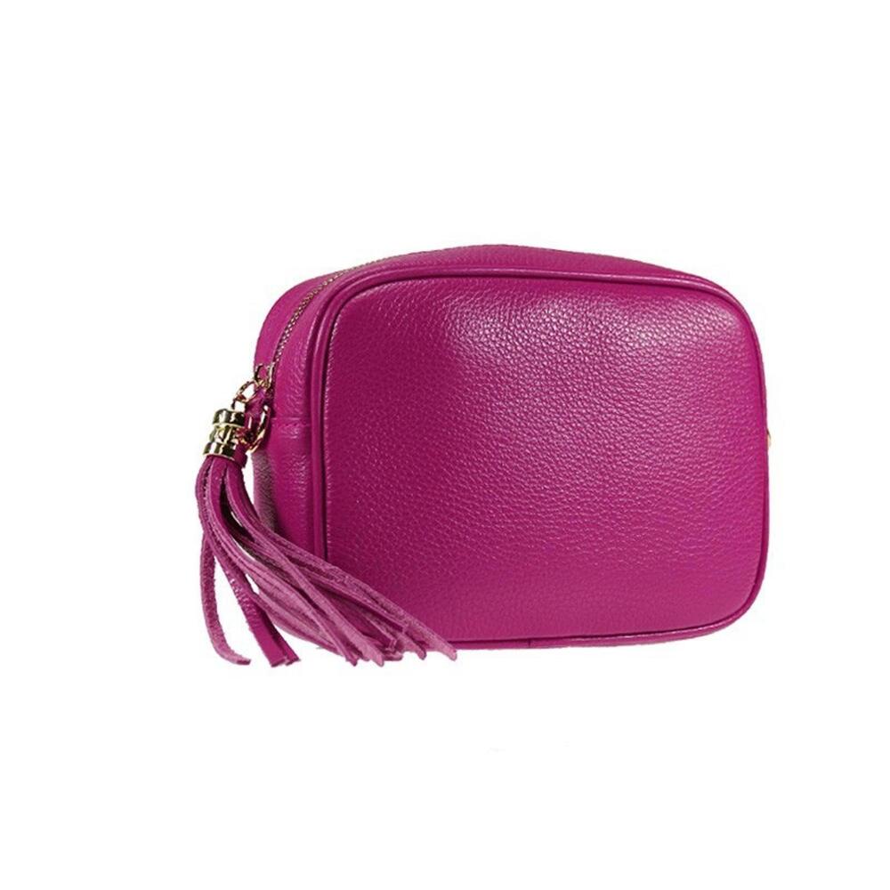 Stylish Fuchsia Italian Leather Crossbody Camera Bag with Tassel